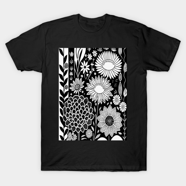 Black and White Floral Lino Print T-Shirt by Velvet Earth